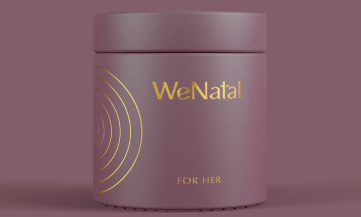 WeNatal For Her glass jar against a purple background
