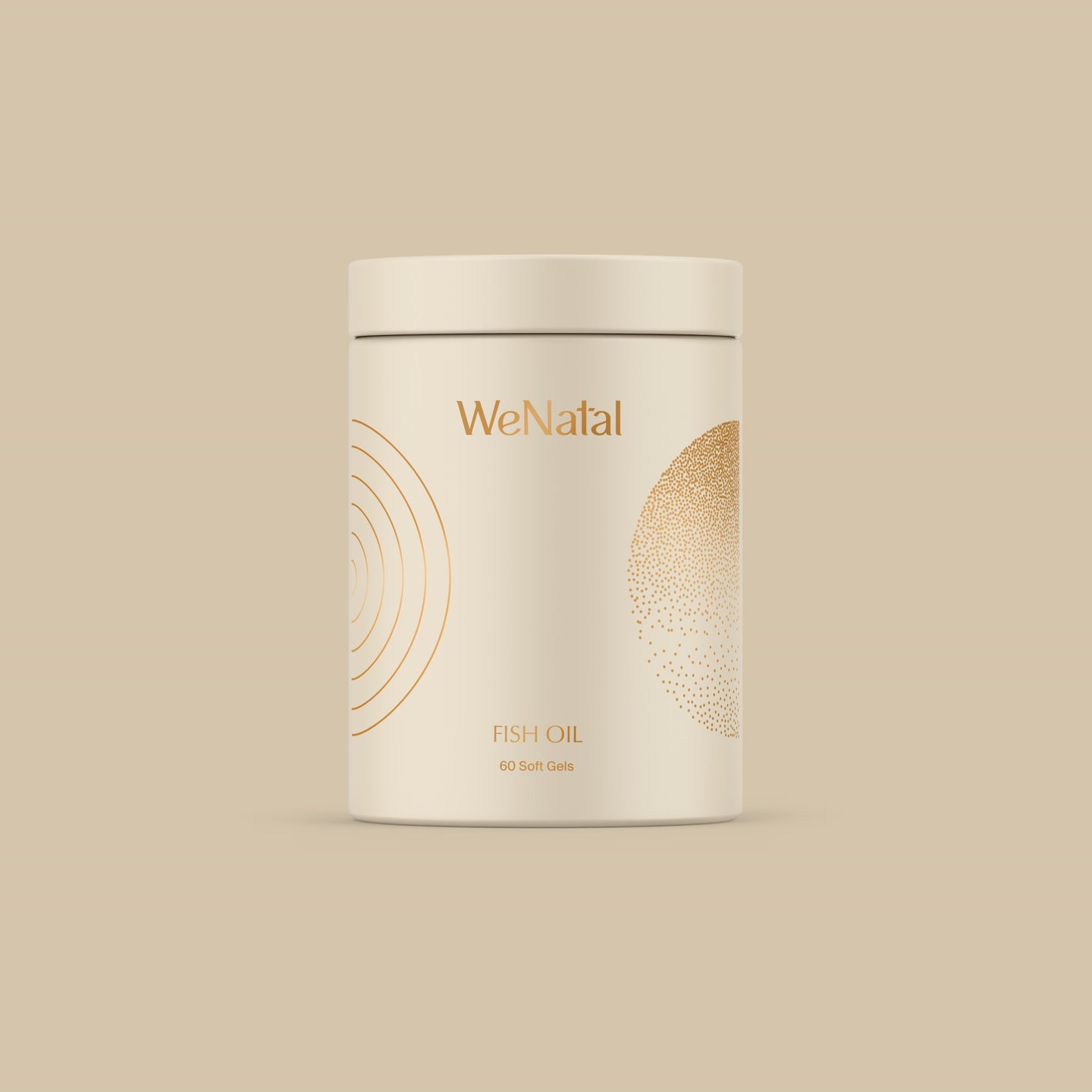 A jar of WeNatal Fish Oil supplement against beige background