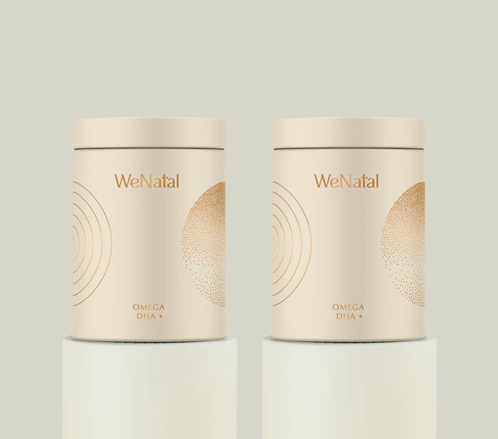 Two jars of WeNatal Omega DHA+, which supports both male and female fertility and contains clinically proven amounts of omega-3 fatty acids to help support baby brain development.