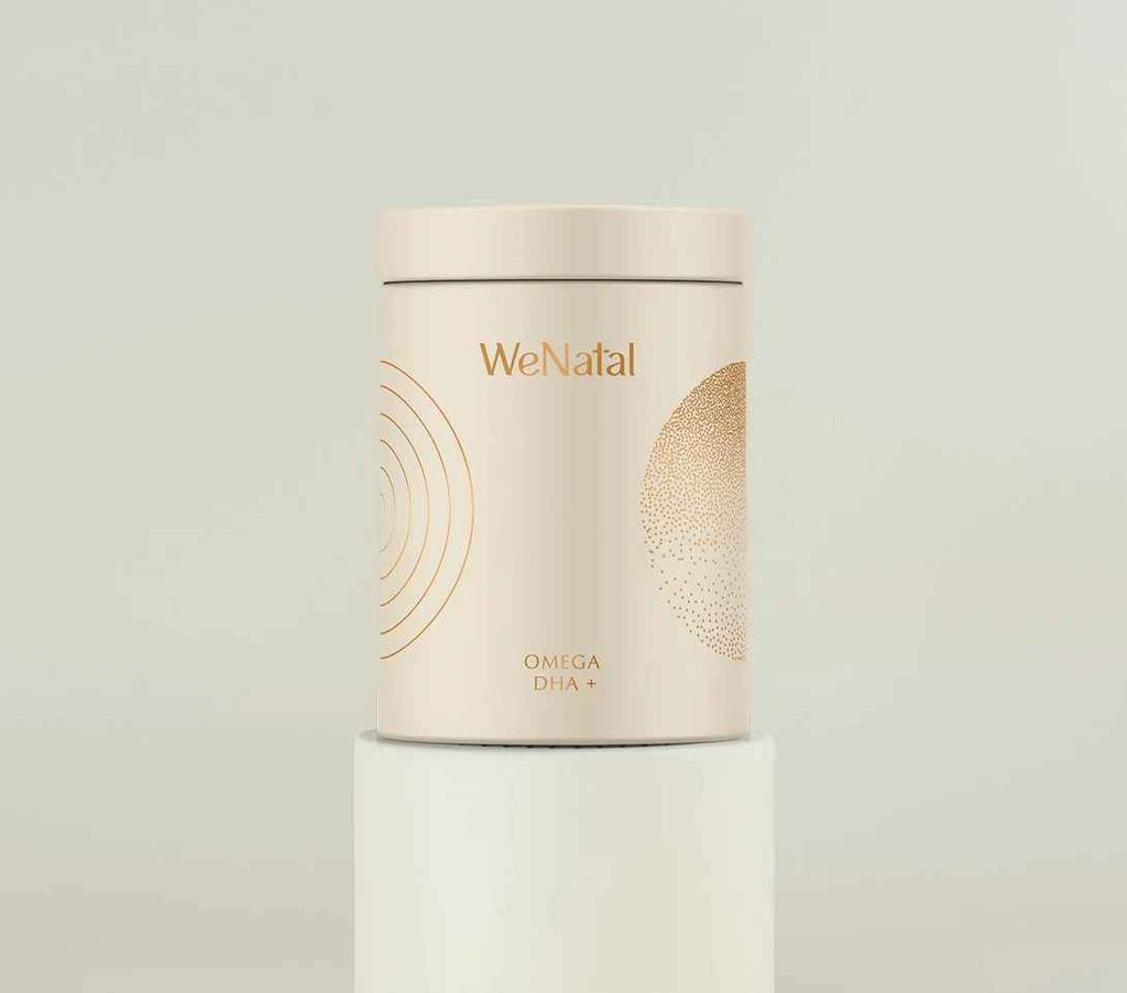 WeNatal Fish Oil glass jar on an elevated round platform the same size as the glass jar