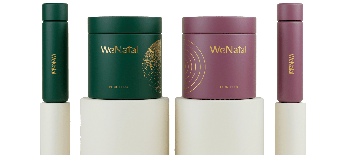 left to right: WeNatal travel vial, WeNatal For Him glass jar, WeNatal For Her glass jar, WeNatal For Her travel vial in a round elevated platform for each product