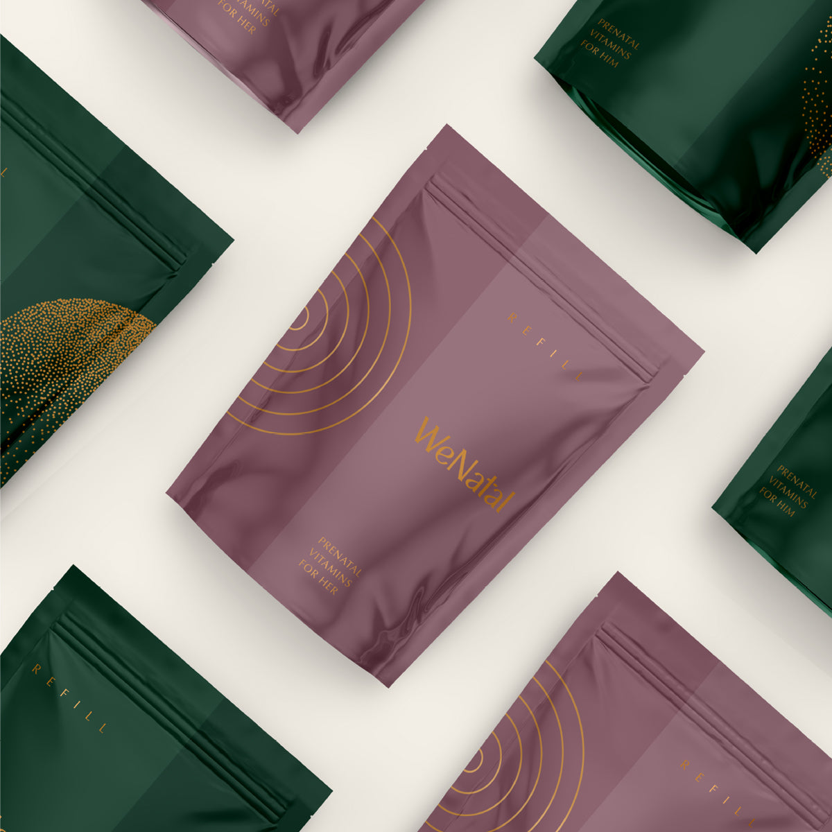 A variety of colorful food package designs, including green and purple bags, likely related to WeNatal's prenatal supplement offerings.