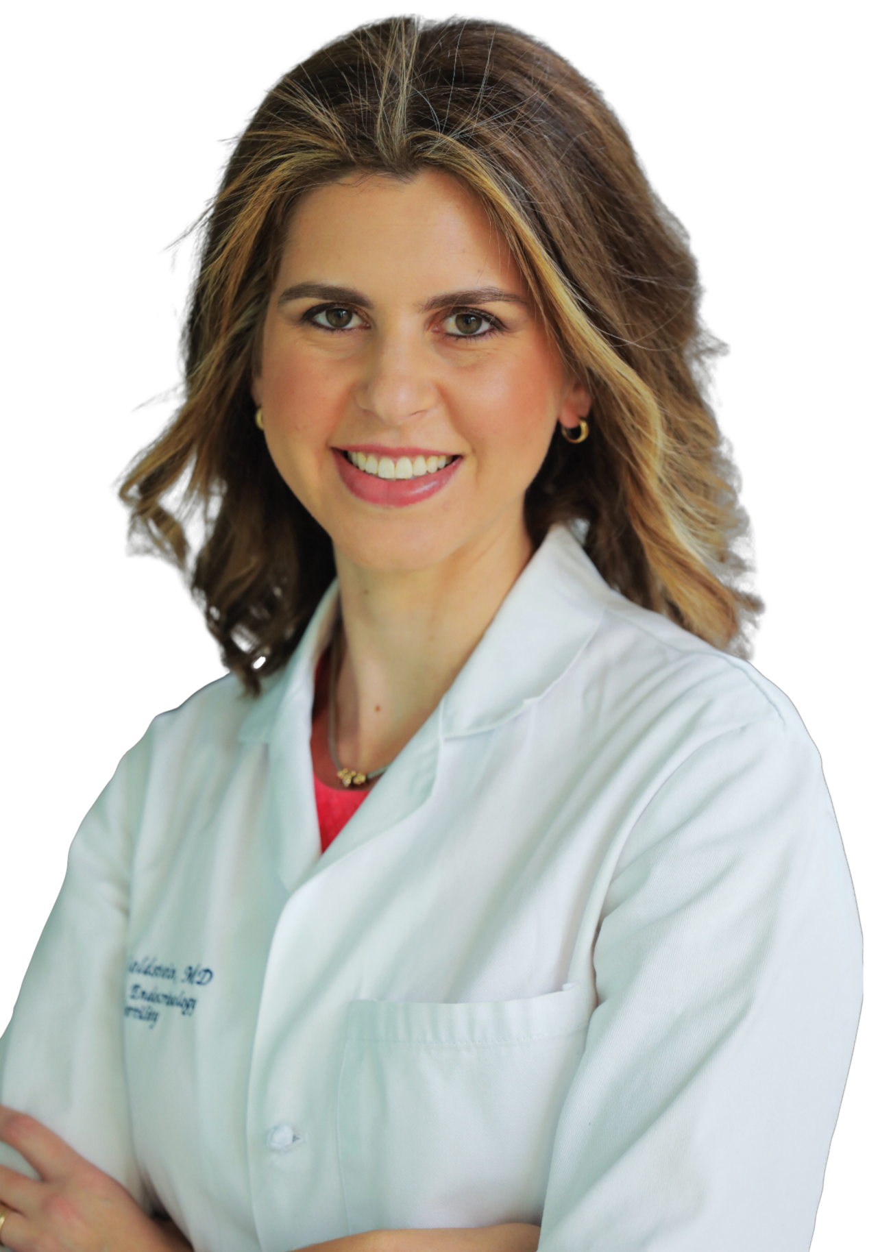 A woman in a white lab coat smiles at the camera, suggesting professionalism and trust, aligning with WeNatal's focus on prenatal health and supplements.