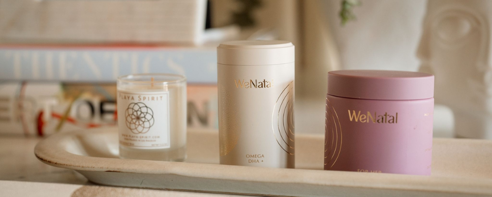 bedside tray with candle WeNatal Omega DHA+ and WeNatal for Her prenatal - WeNatal prenatal