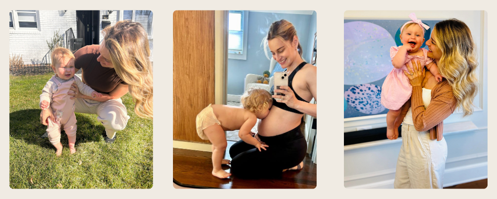 A mother with her young child in three moments—playing outside, showing love to her pregnant belly, and holding her smiling baby girl indoors.