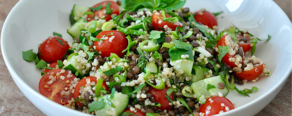 lentils quinoa cherry tomatoes cucumber mint parsley salad - fertility lunch recipes - WeNatal prenatal vitamins