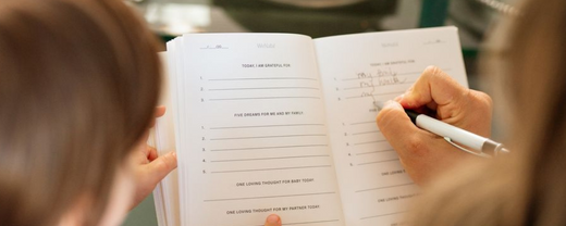 Close-up of a person writing in a gratitude and goal journal, emphasizing mindful practices and intentional planning as part of optimizing fertility in 2025. - WeNatal