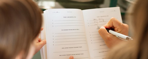 Close-up of a person writing in a gratitude and goal journal, emphasizing mindful practices and intentional planning as part of optimizing fertility in 2025