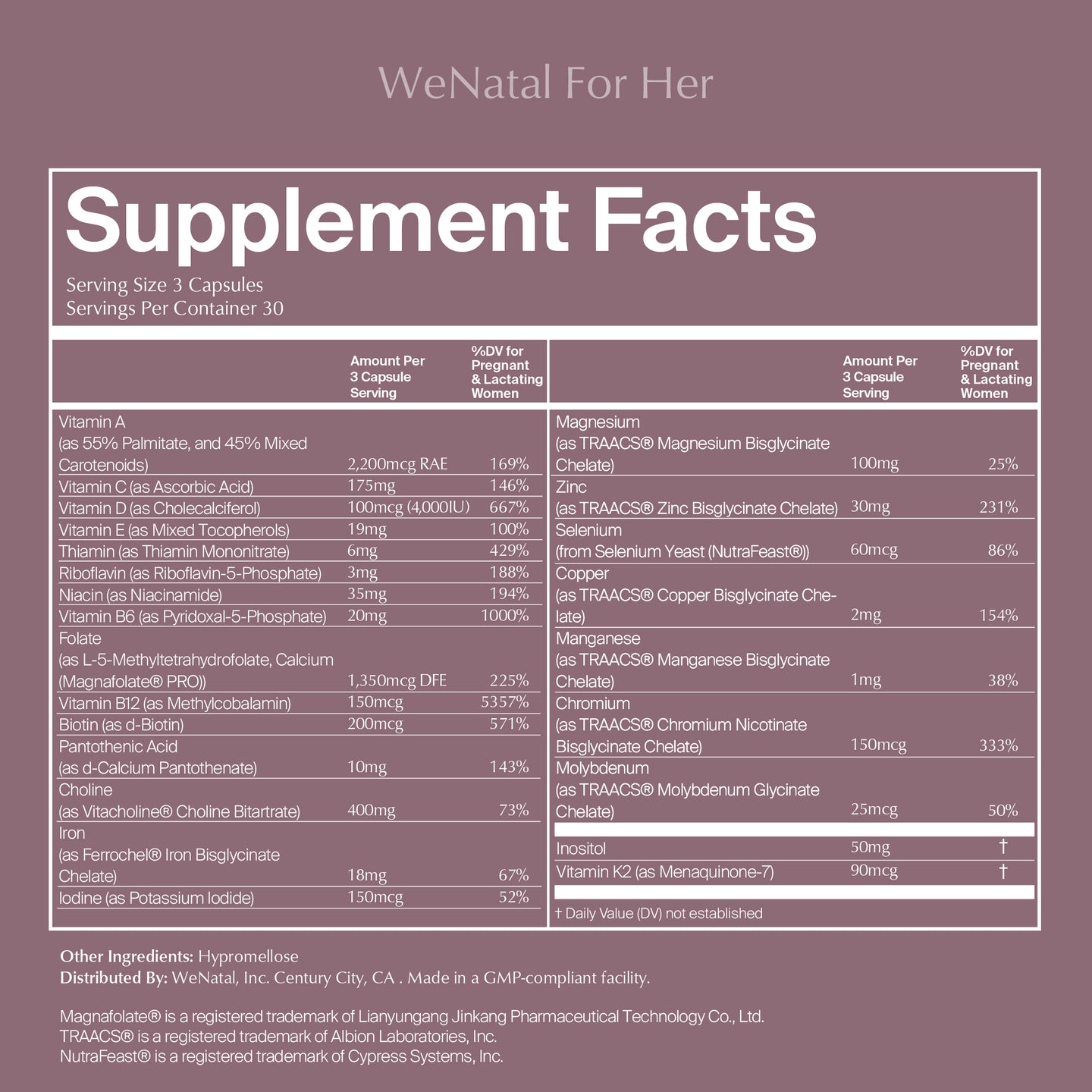 WeNatal for Her nutrition label 