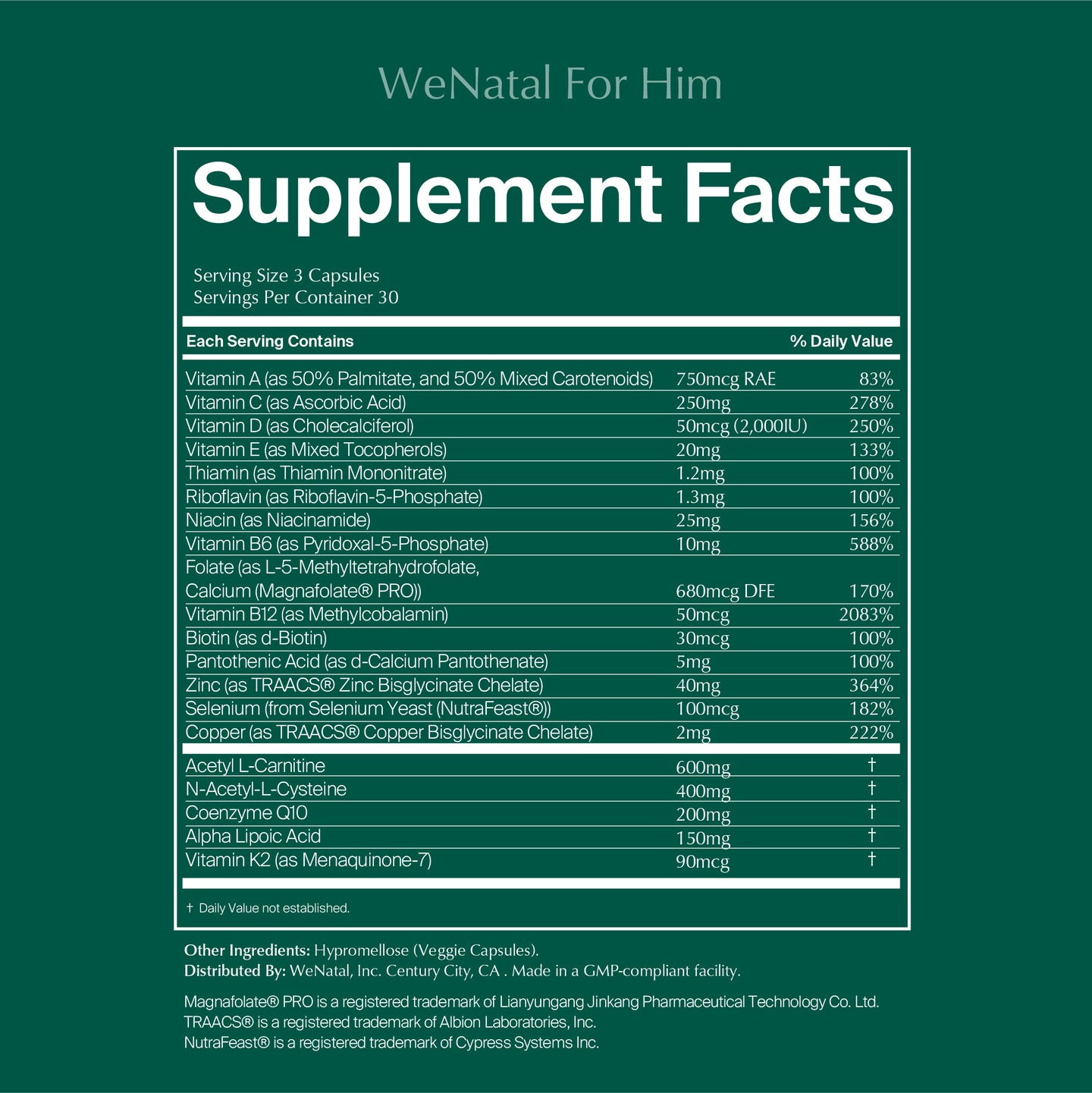 WeNatal for Him nutrition label 