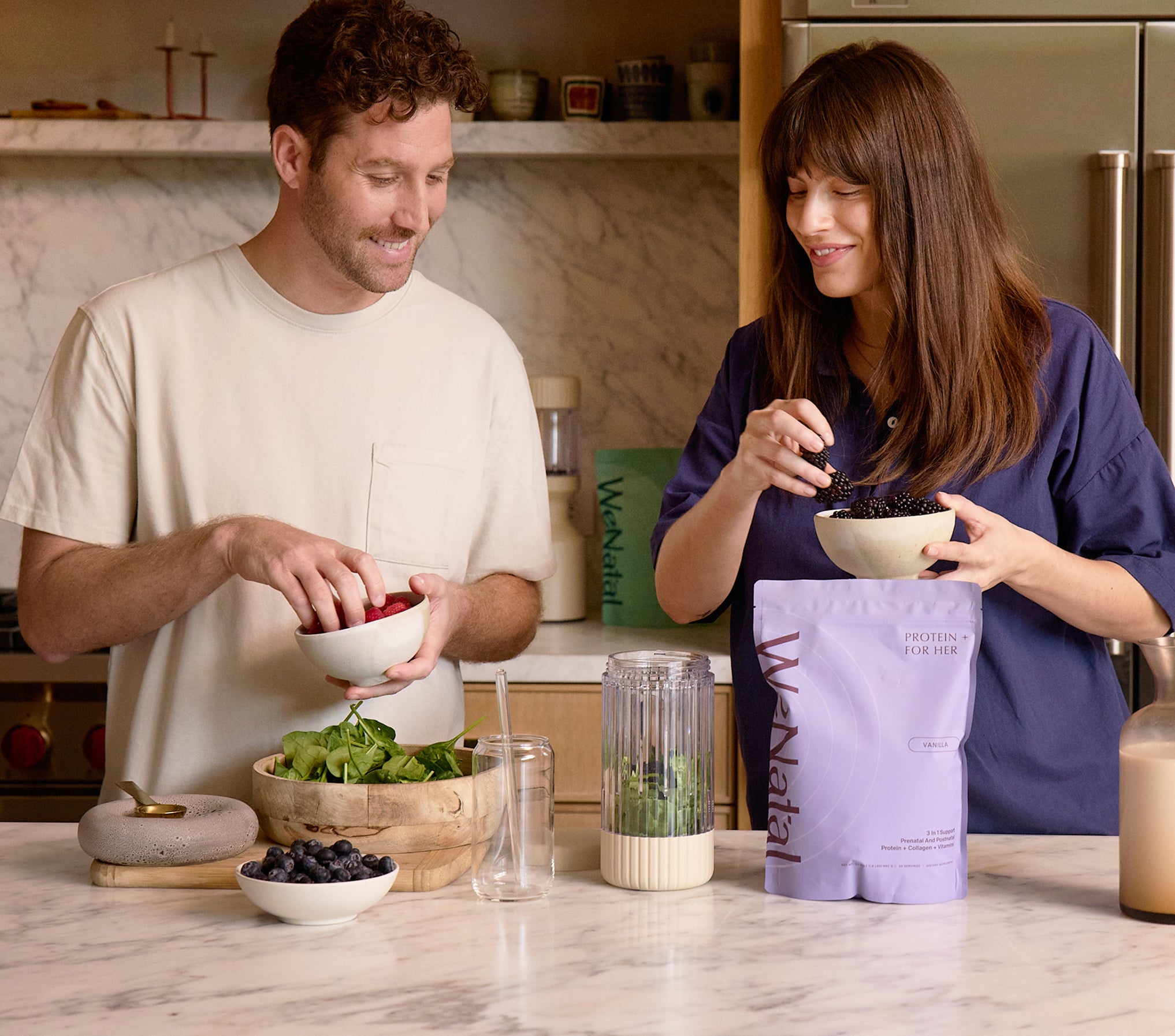 WeNatal Prenatal Protein+ Together: A couple prepares smoothies using WeNatal Protein + For Her, Vanilla, highlighting prenatal nutrition and fertility support with essential nutrients