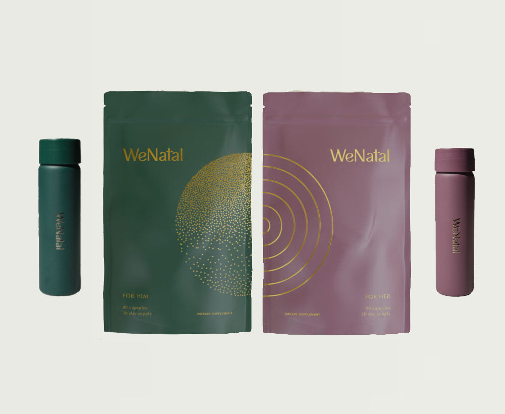 Left to right: WeNatal For Him travel vial, refill pouch, WeNatal For Her refill pouch, and travel vial