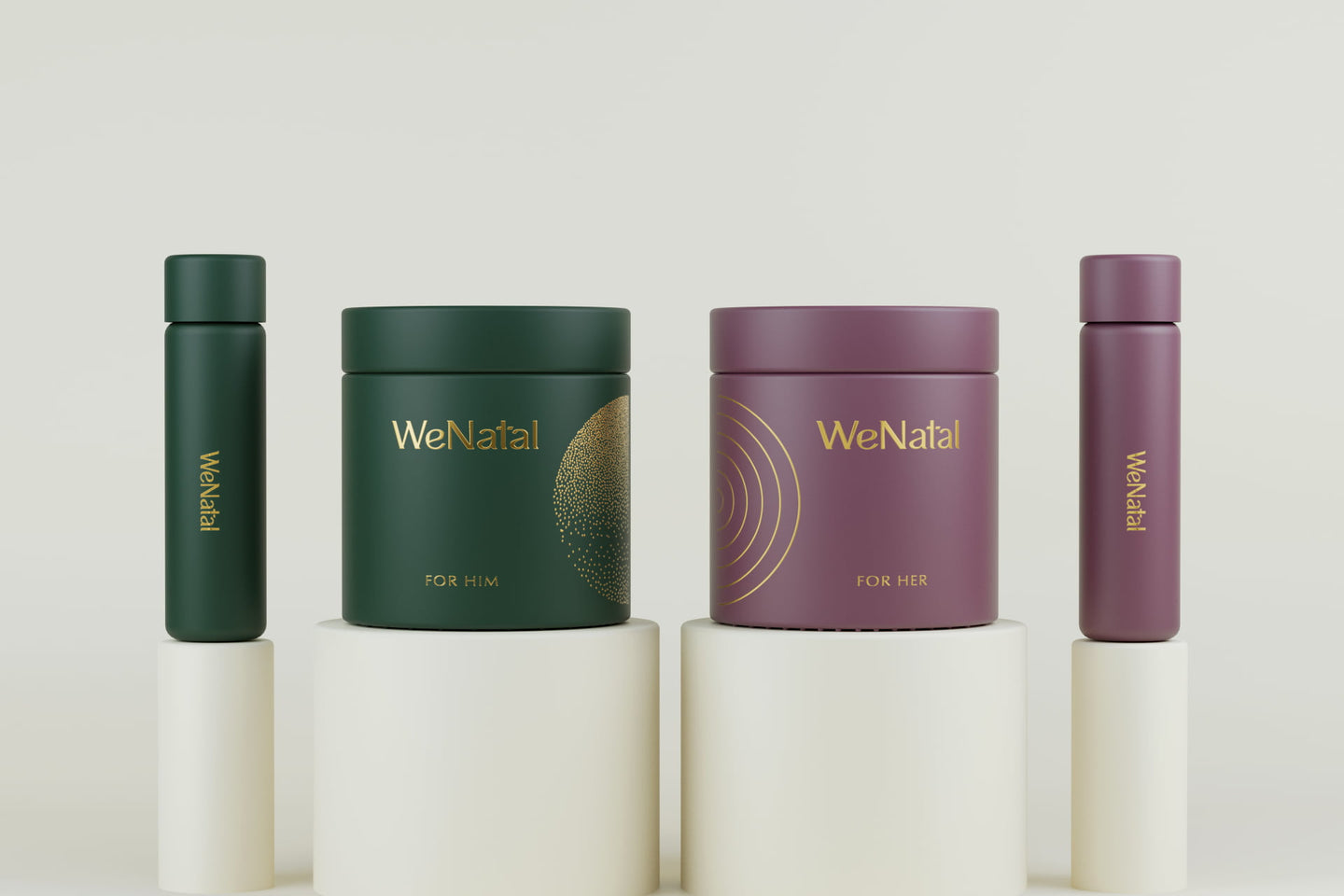 Prenatal supplements jar on an elevated round platform. Left to Right: WeNatal For Him travel vial, WeNatal For Him glass jar, WeNatal For Her glass jar, WeNatal For Her travel vial