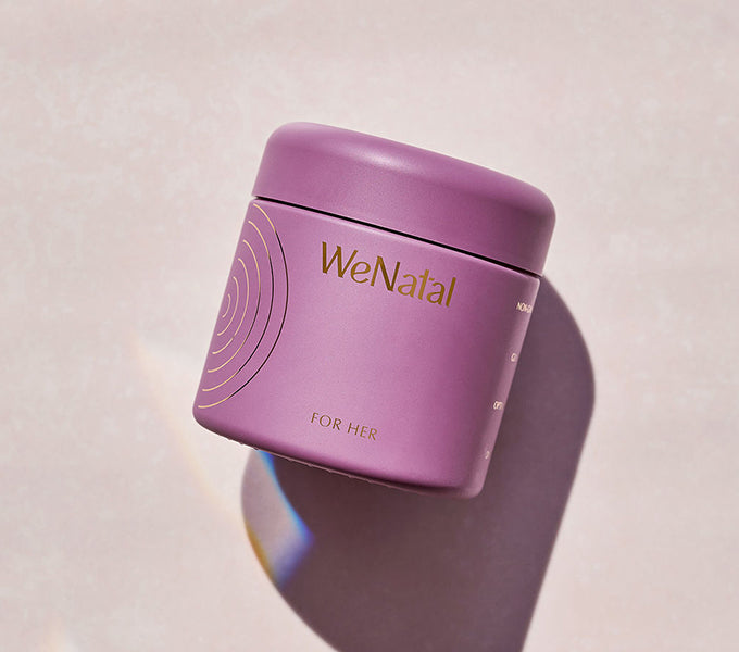 WeNatal for Her & Omega DHA+ Duo Welcome Kit, featuring a matte-purple jar with capsules, offers prenatal nutrition and daily support with essential nutrients for women's fertility and prenatal health.