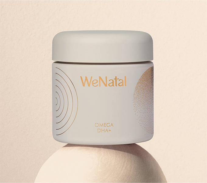 WeNatal Omega DHA+ Welcome Kit, a prenatal supplement jar providing daily omega-3 DHA nutrient support for fertility and prenatal nutrition, includes a 30-day capsule formula