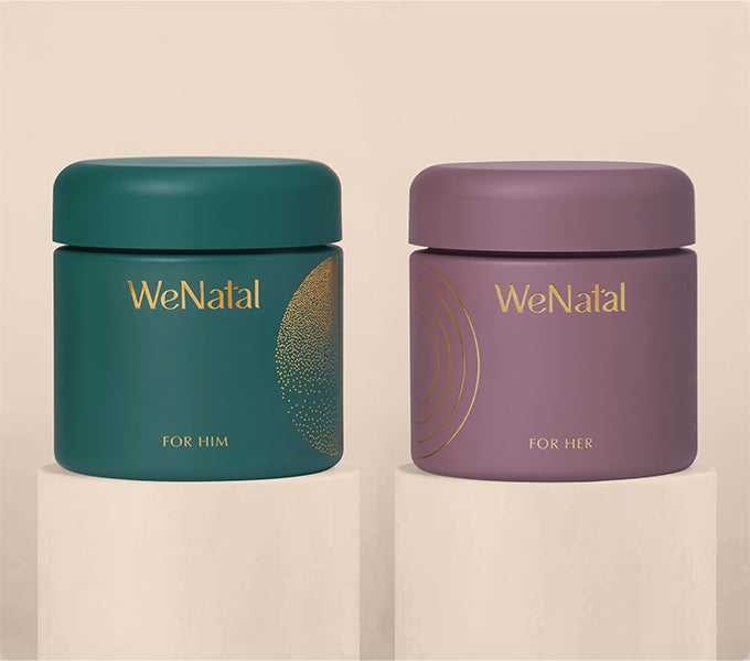 WeNatal Together Welcome Kit: Two jars, For Him and For Her, offering prenatal supplement capsules for daily, nutrient, and fertility support, with included journal.