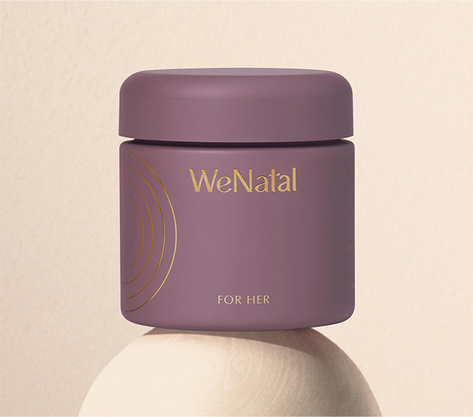 WeNatal For Her Welcome Kit: Purple jar with gold embossing, containing 90 prenatal supplement capsules, designed for daily nutrient and fertility support, includes capsule and powder formulas