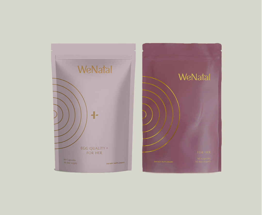 WeNatal For Her & Omega DHA + Duo, featuring 90 prenatal and egg quality supplement capsules in distinct pouches, highlighted with gold text and circular designs