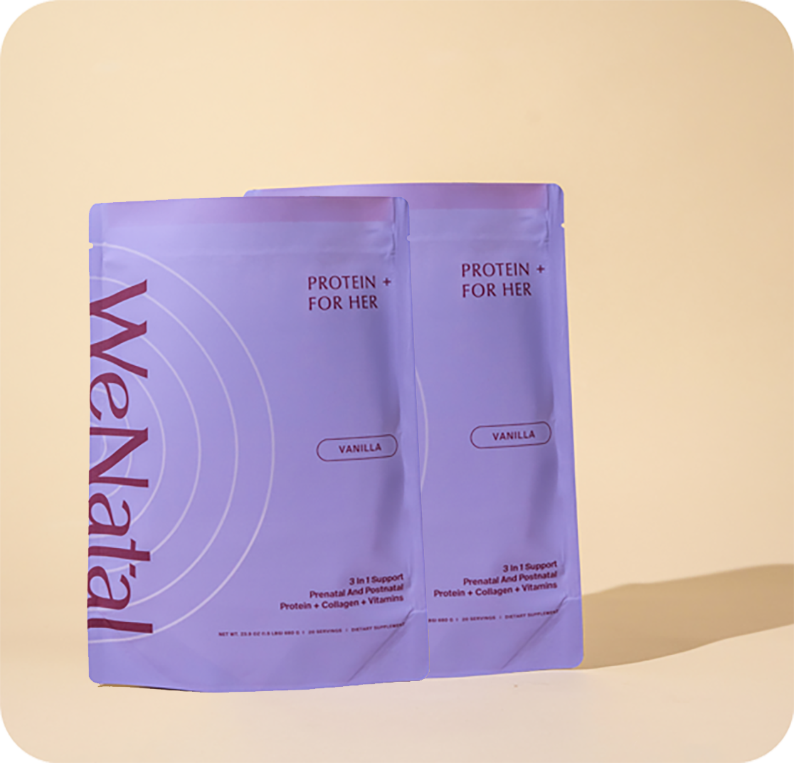 WeNatal Protein+ Together features two lavender pouches of women’s vanilla nutrition powder, highlighting 3-in-1 prenatal and postnatal support with protein, collagen, and vitamins.