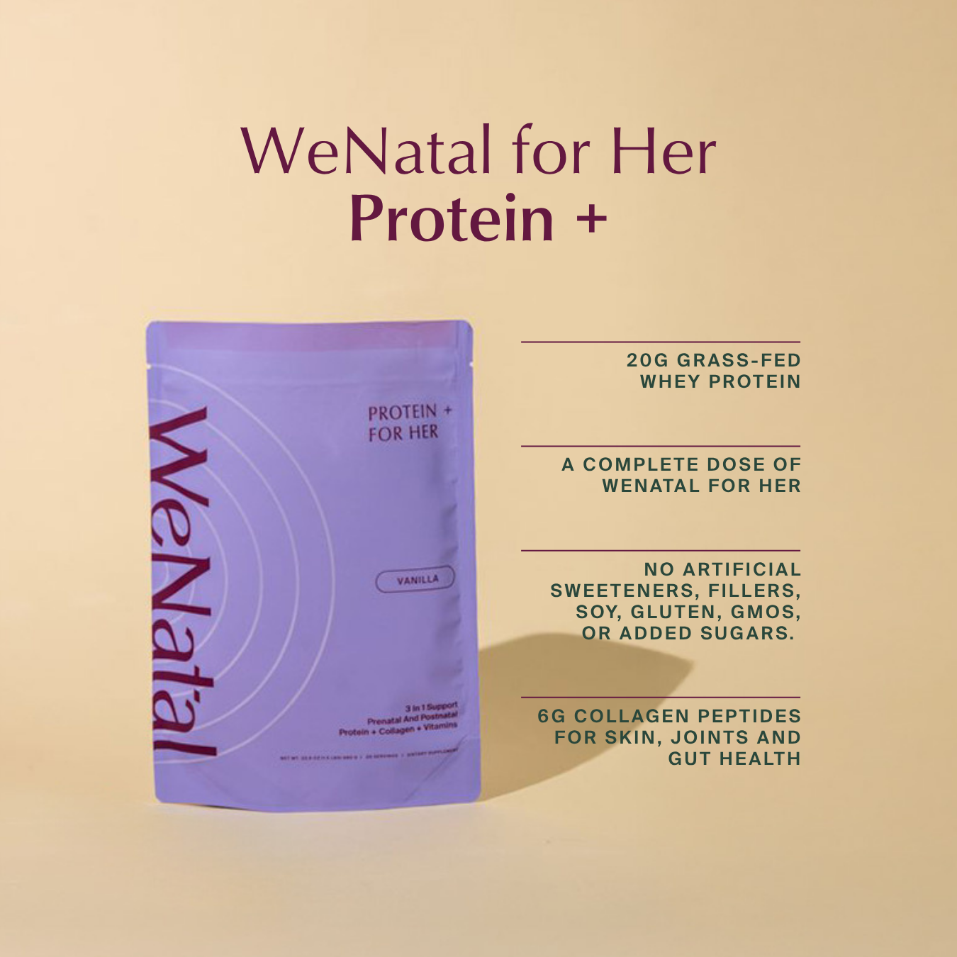 WeNatal Protein + for Her: Vanilla-flavored prenatal/postnatal protein powder with 20g grass-fed whey, prenatal-strength vitamins, 6g collagen peptides, free from artificial additives and allergens.