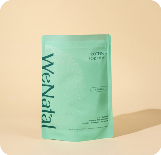 WeNatal for Him Protein +: Pale-green pouch of vanilla-flavored prenatal and postnatal supplement with protein, collagen, and vitamins, offering 20 servings, net weight 306g.