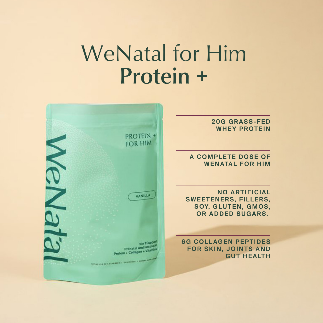 WeNatal Protein+ for Him pouch, offering 3-in-1 prenatal/postnatal support with whey protein, collagen, and vitamins, free from artificial additives and allergens.