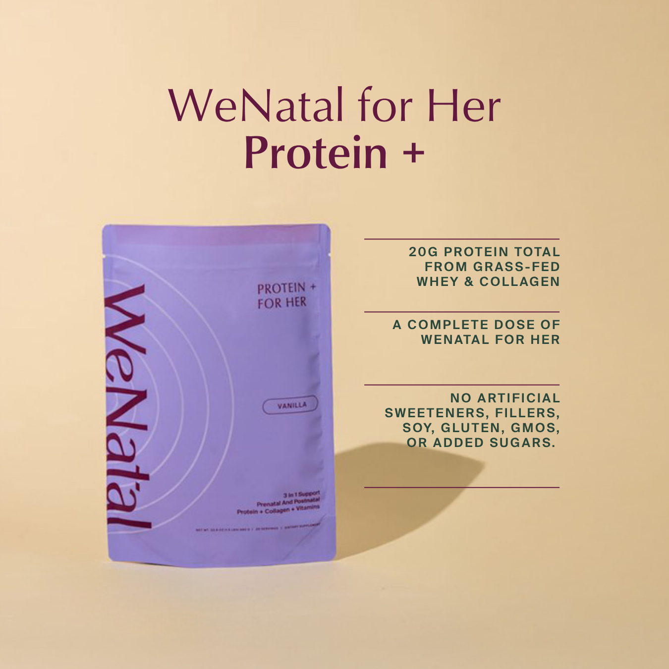 WeNatal Protein + for Her pouch, highlighting grass-fed whey, collagen, complete prenatal/postnatal support, and absence of artificial additives, soy, gluten, GMOs, and sugars. Vanilla flavor.