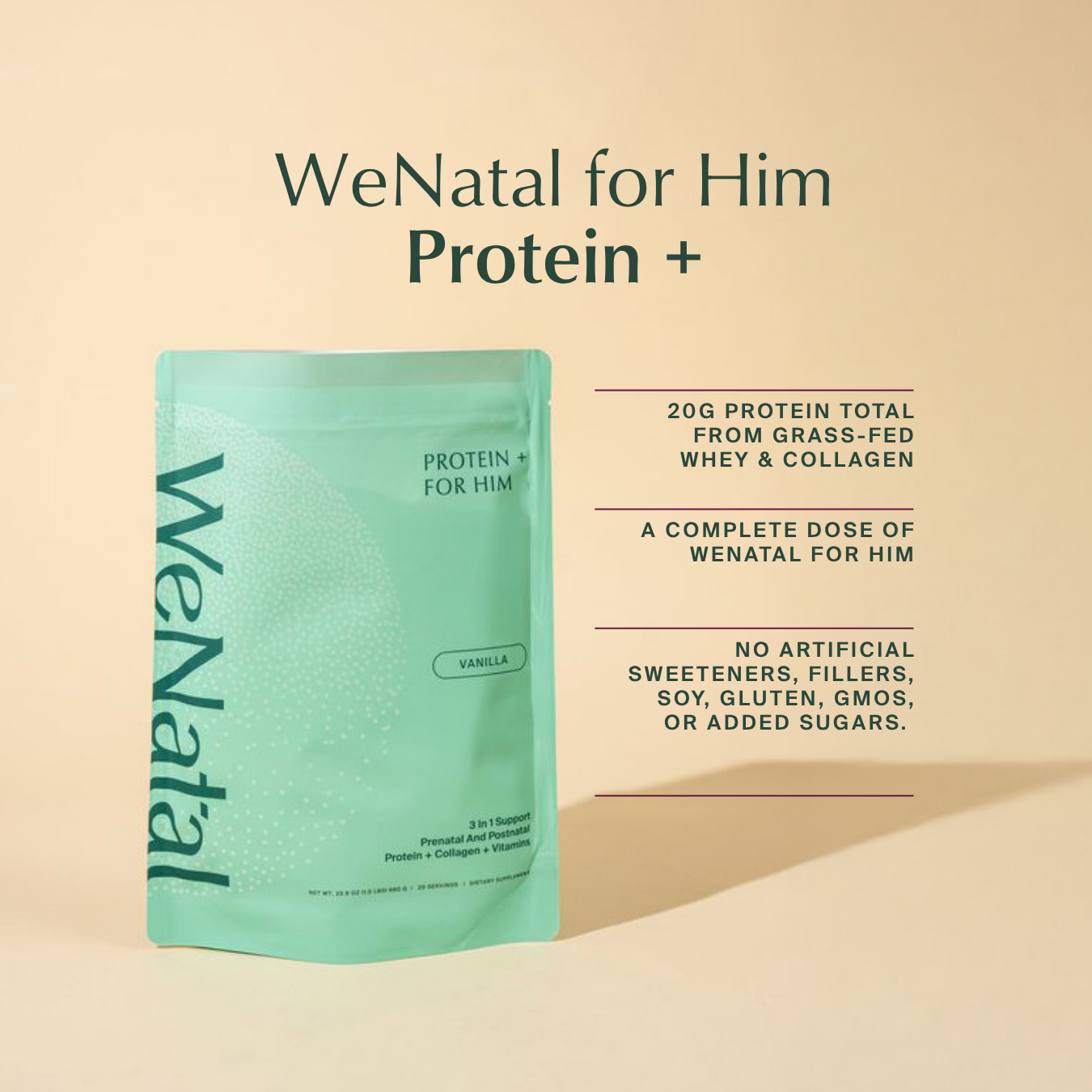 WeNatal Protein + for Him in vanilla flavor, featuring 20g protein from grass-fed whey and collagen, complete vitamins, and free from artificial additives and allergens
