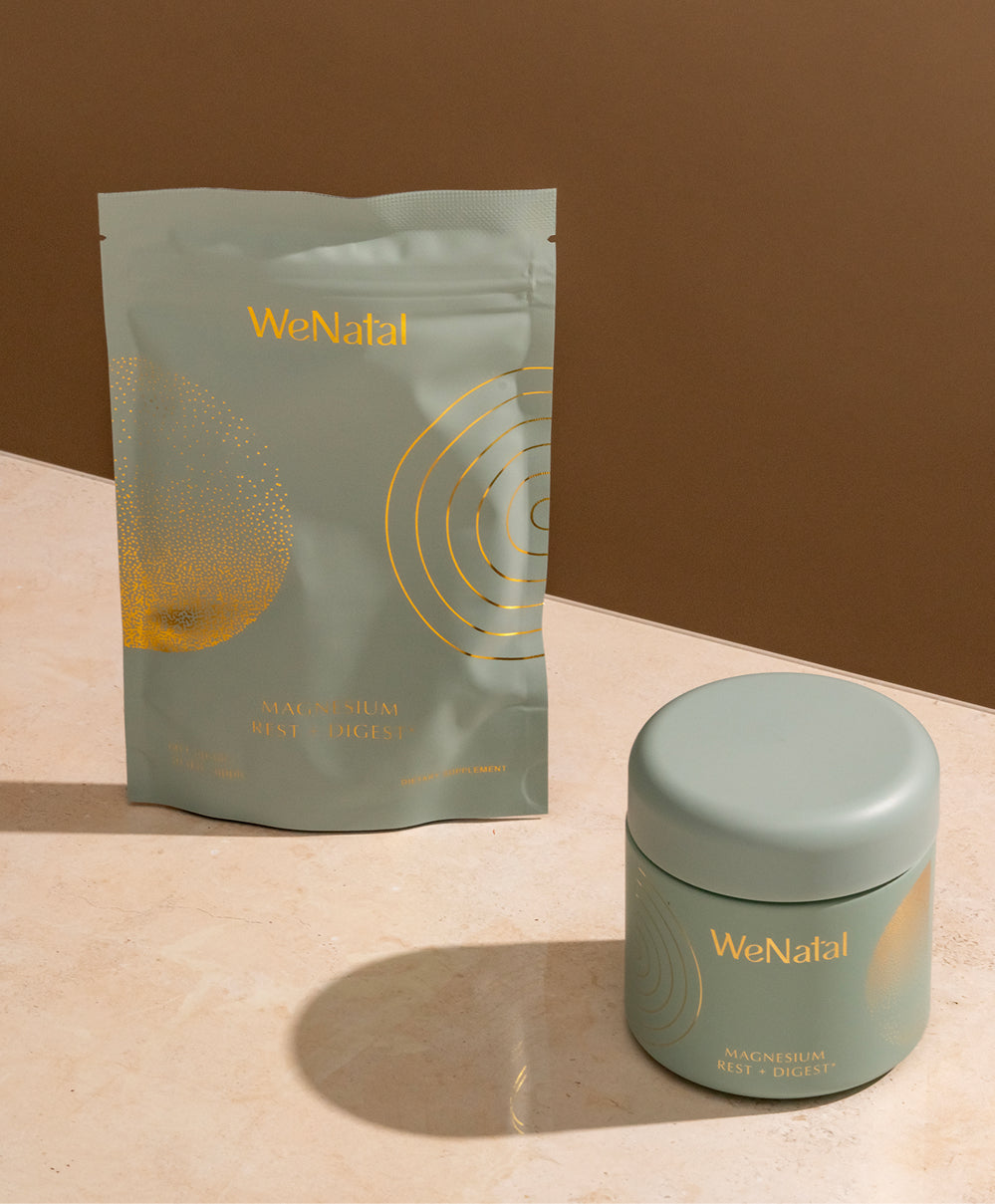 WeNatal Rest & Digest Magnesium Welcome Kit featuring a resealable pouch and jar, providing prenatal nutrient support with essential magnesium for daily fertility and digestive health