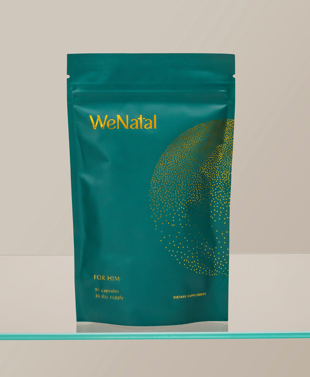 WeNatal For Him Welcome Kit: 90 capsules in a teal resealable pouch, providing daily nutrient and prenatal support for men