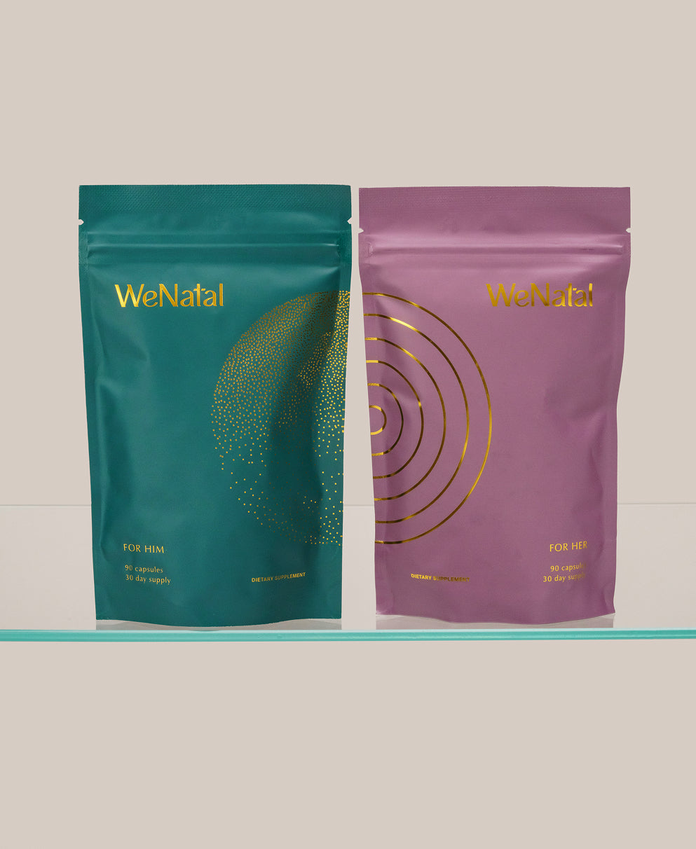 WeNatal Together Welcome Kit featuring “For Him” and “For Her” prenatal supplement pouches, each with 90 capsules for daily fertility and prenatal nutrient support