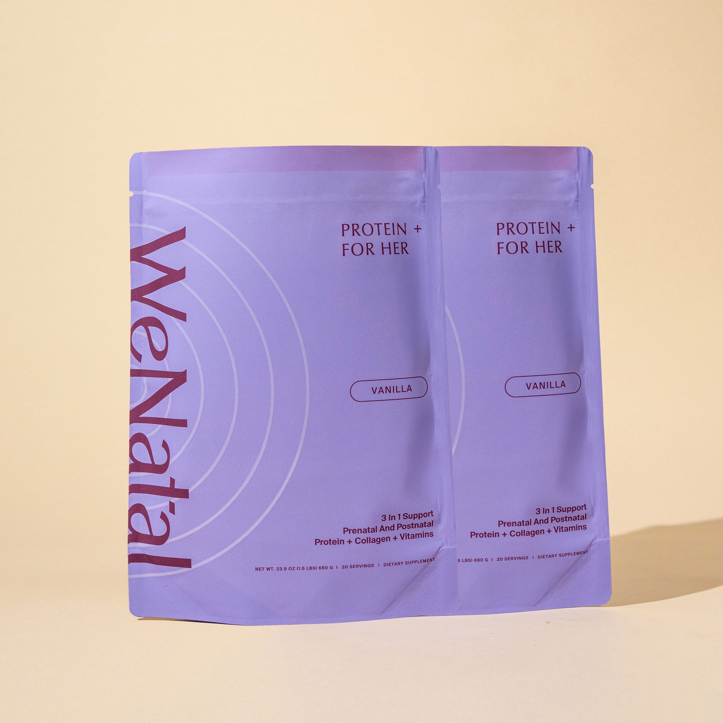 Two lavender-purple pouches of WeNatal Protein+ Together, a 3-in-1 prenatal and postnatal supplement in Vanilla flavor, featuring protein, collagen, and vitamins.