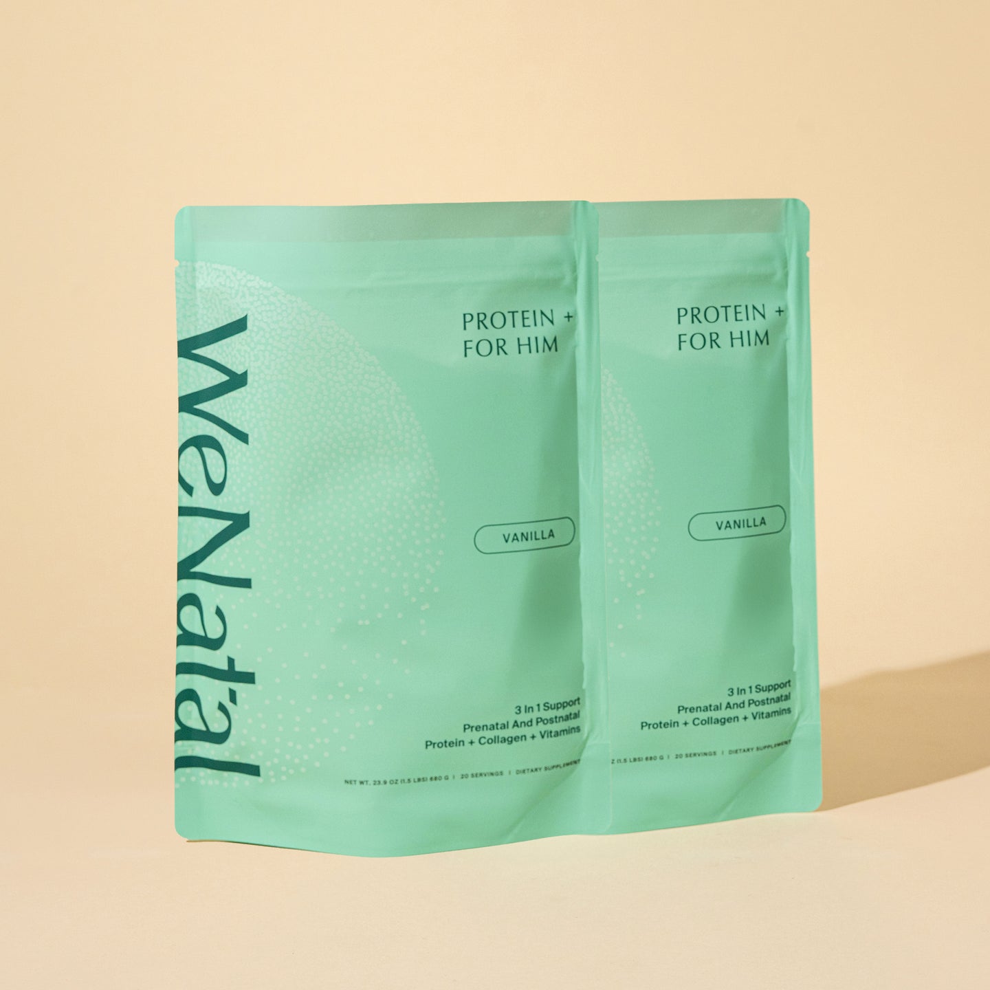 WeNatal Protein+ Together pouches labeled Protein + For Him in vanilla flavor, offering prenatal and postnatal support with protein, collagen, and vitamins.