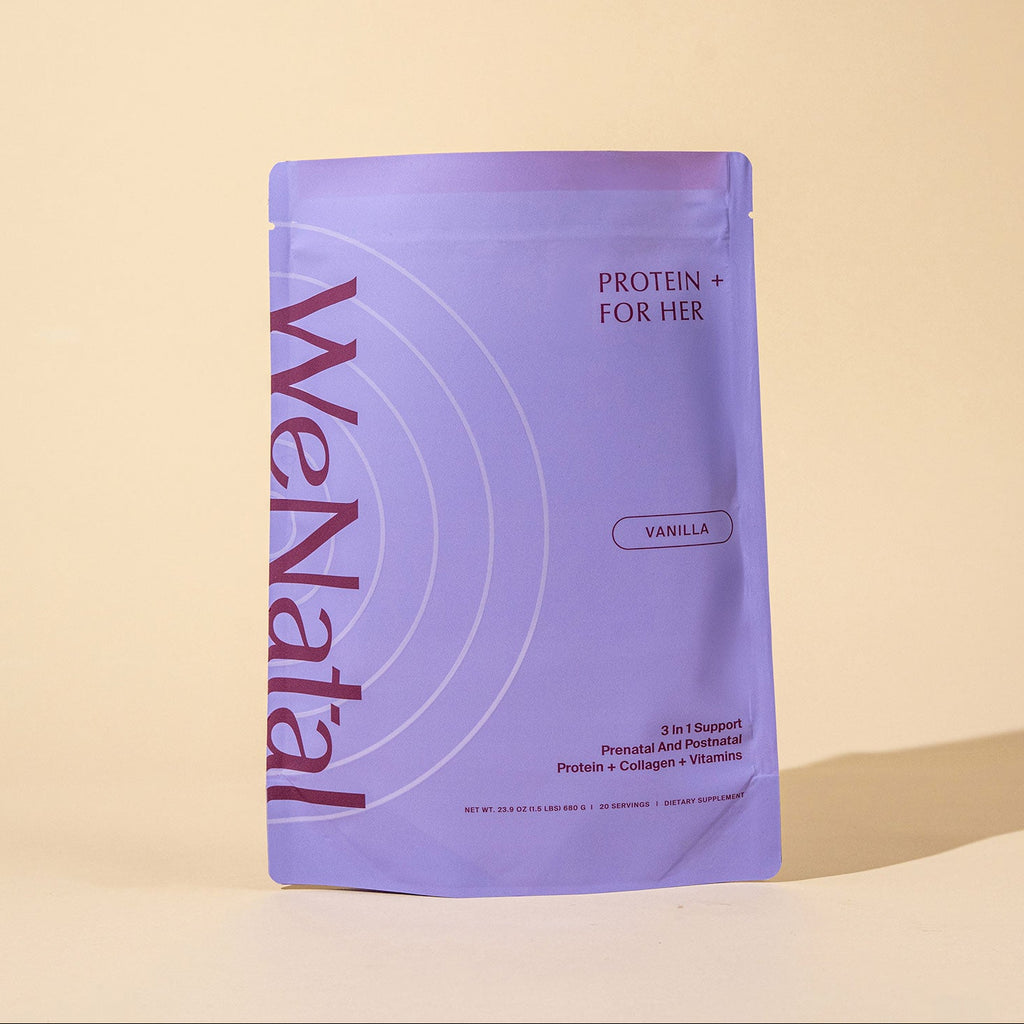 WeNatal Protein + For Her pouch, vanilla flavor, combines prenatal and postnatal protein, collagen, and vitamins, designed specifically for women's dietary needs.