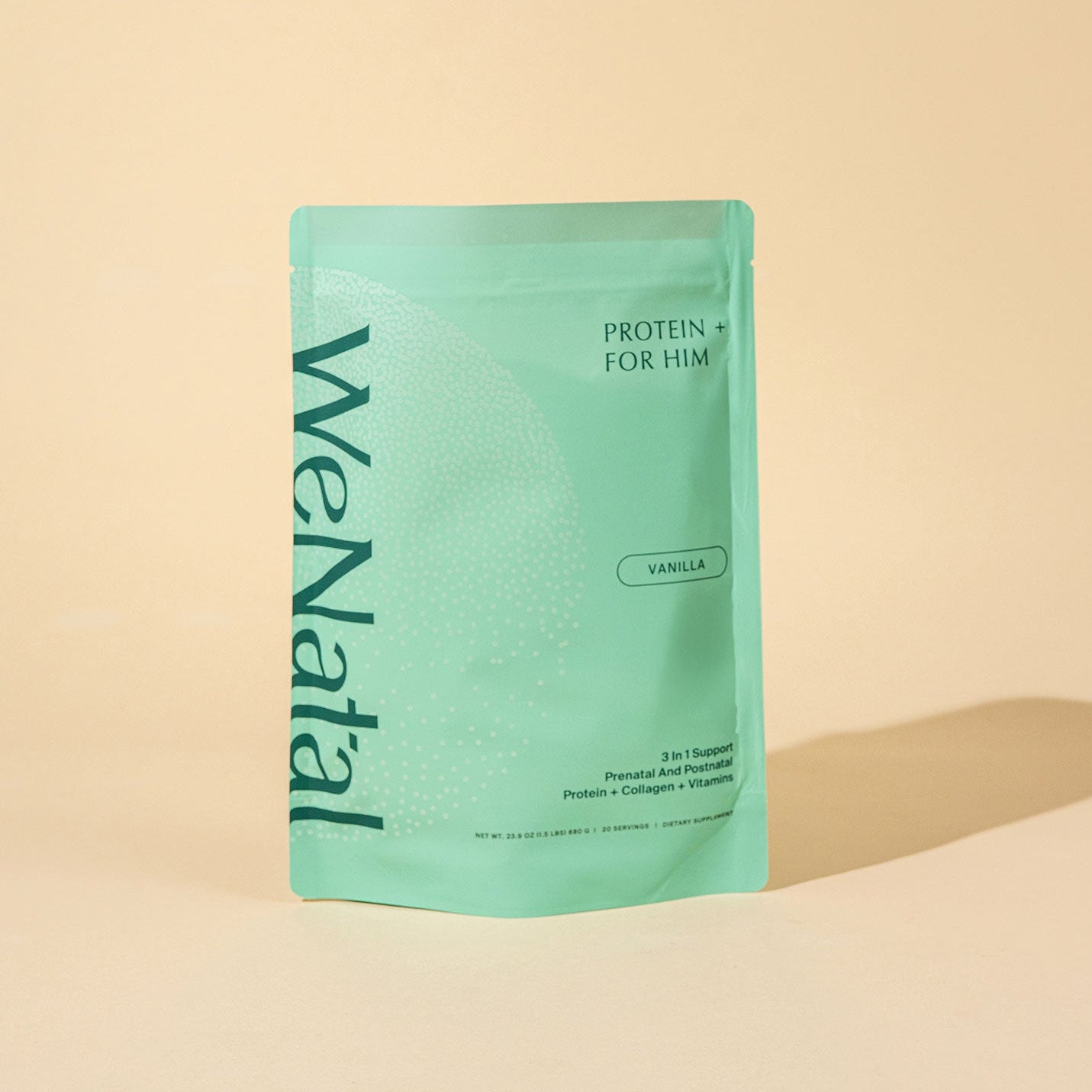 WeNatal Protein+ for Him, a vanilla-flavored prenatal/postnatal support powder in a teal-green pouch, offers protein, collagen, and vitamins, with 20 servings per bag.