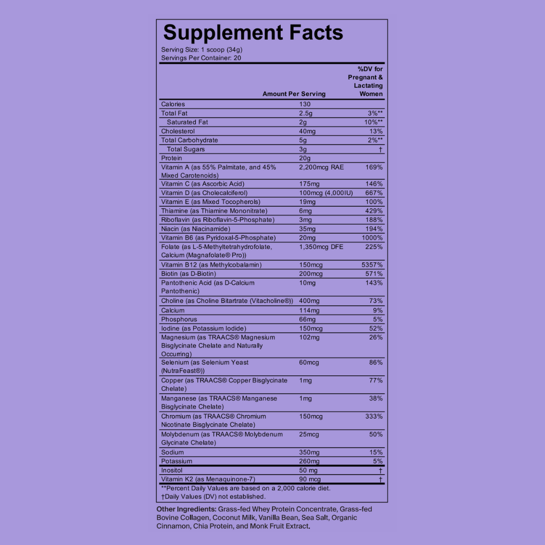 WeNatal Prenatal Protein+ for Her supplement facts panel, highlighting daily nutrient support for pregnant and lactating women with essential vitamins, minerals, and protein in a powder formula