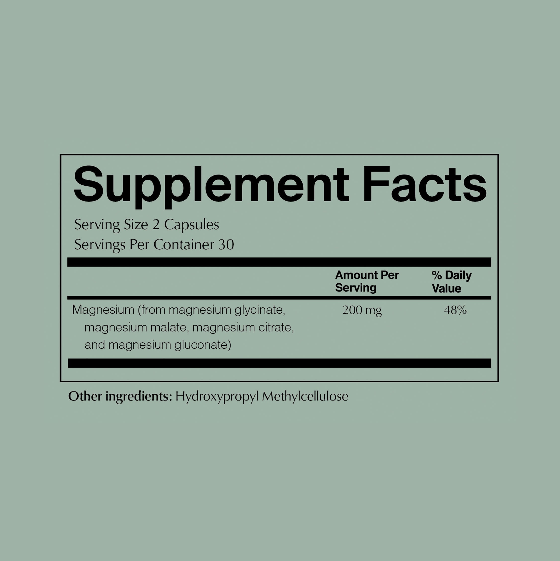 Rest + Digest Magnesium Together Welcome Kit label showing supplement facts for a 30-day supply. Includes 200 mg magnesium per serving from four sources. Contains 60 capsules.