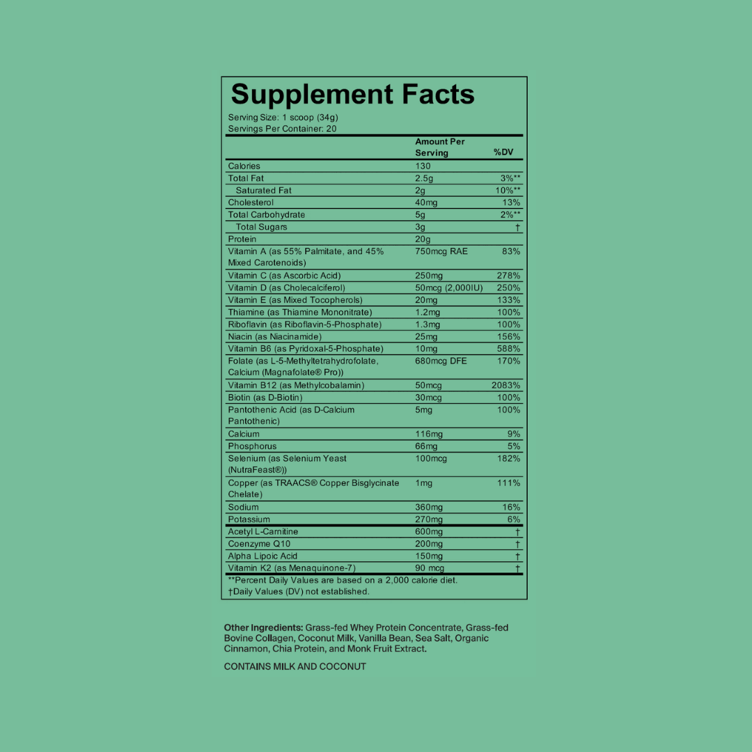 WeNatal Prenatal Protein+ for Him supplement facts label showing nutrient support, including 20g protein, essential vitamins, and minerals for prenatal nutrition and fertility support.