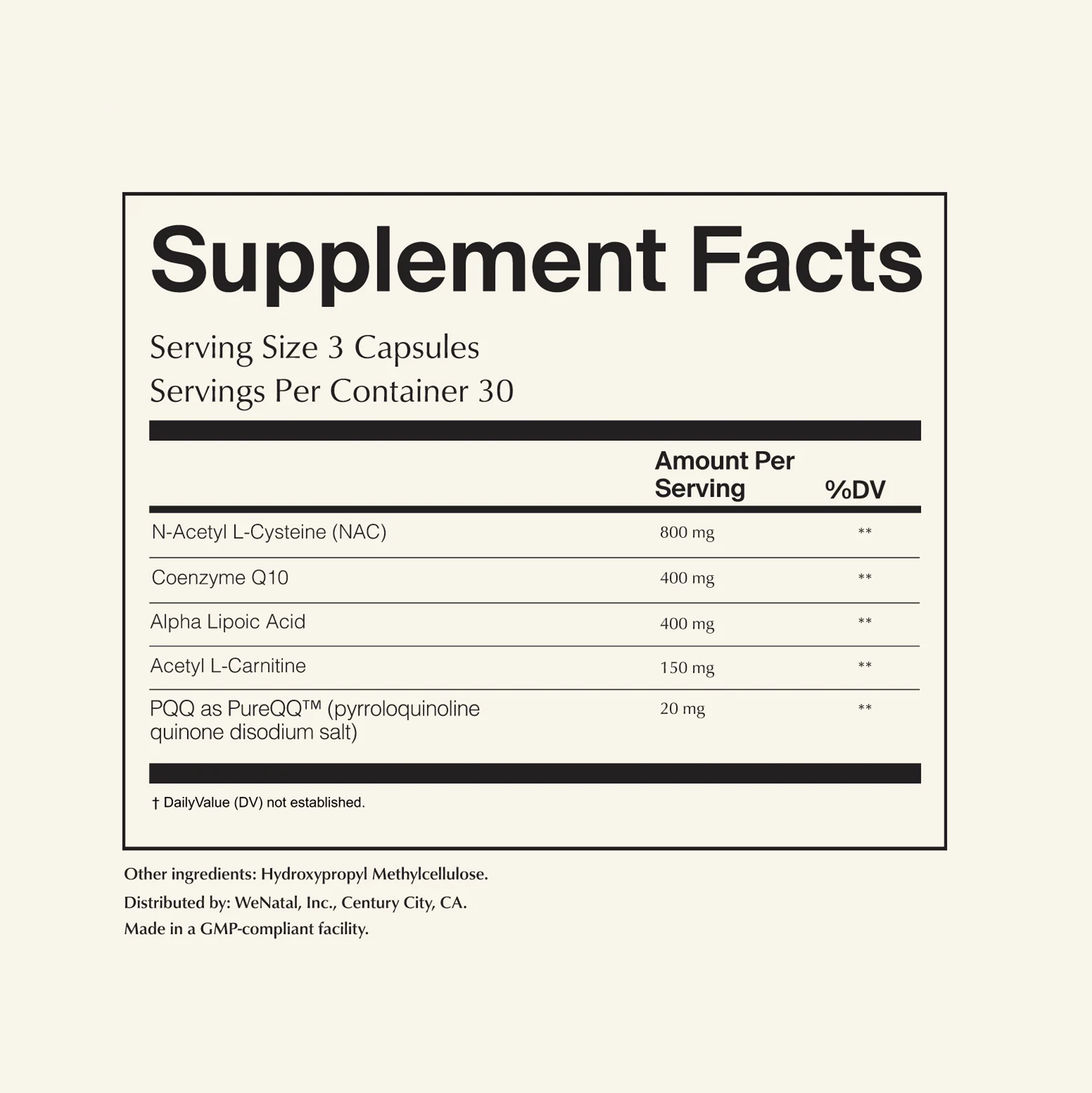 Egg Quality+ Welcome Kit supplement label showing serving size of 3 capsules, 30 servings, with ingredients like NAC, CoQ10, Alpha Lipoic Acid, and more for prenatal nutrition.
