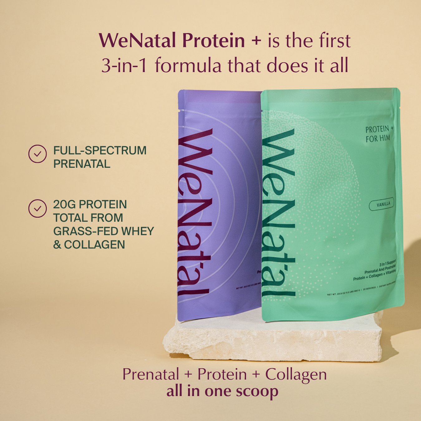 WeNatal Protein+ Together features two pouches on a stone block, highlighting its prenatal vitamin blend, 20g protein per scoop, and collagen benefits