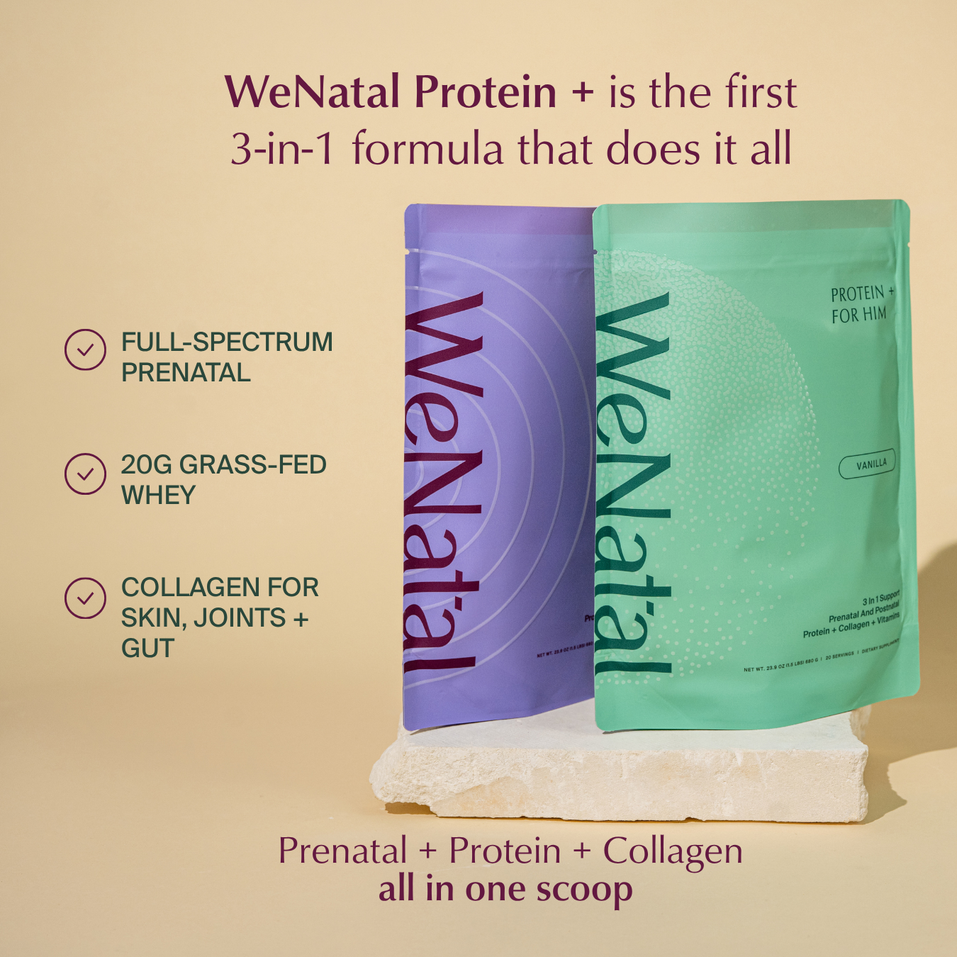 WeNatal Protein+ Together pouches showcasing a 3-in-1 prenatal supplement blend with whey protein and collagen, highlighting its prenatal, protein, and collagen benefits.