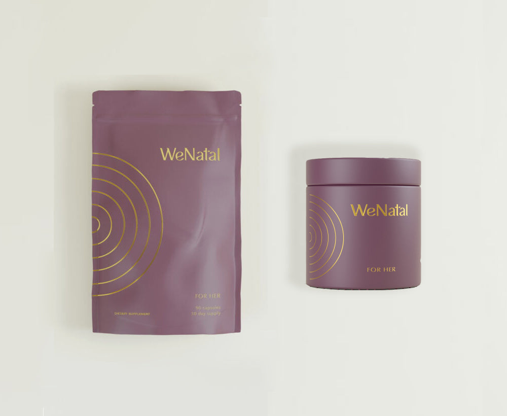 WeNatal For Her refill pouch and glass jars side by side on a white background