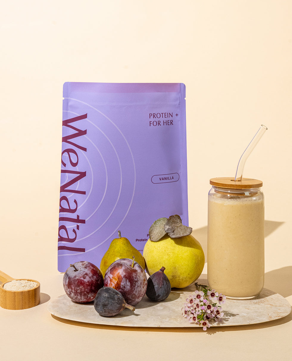 WeNatal Prenatal Protein+ for Her pouch with powder scoop, plums, figs, pears, and a smoothie, highlighting nutrient support for prenatal nutrition and fertility
