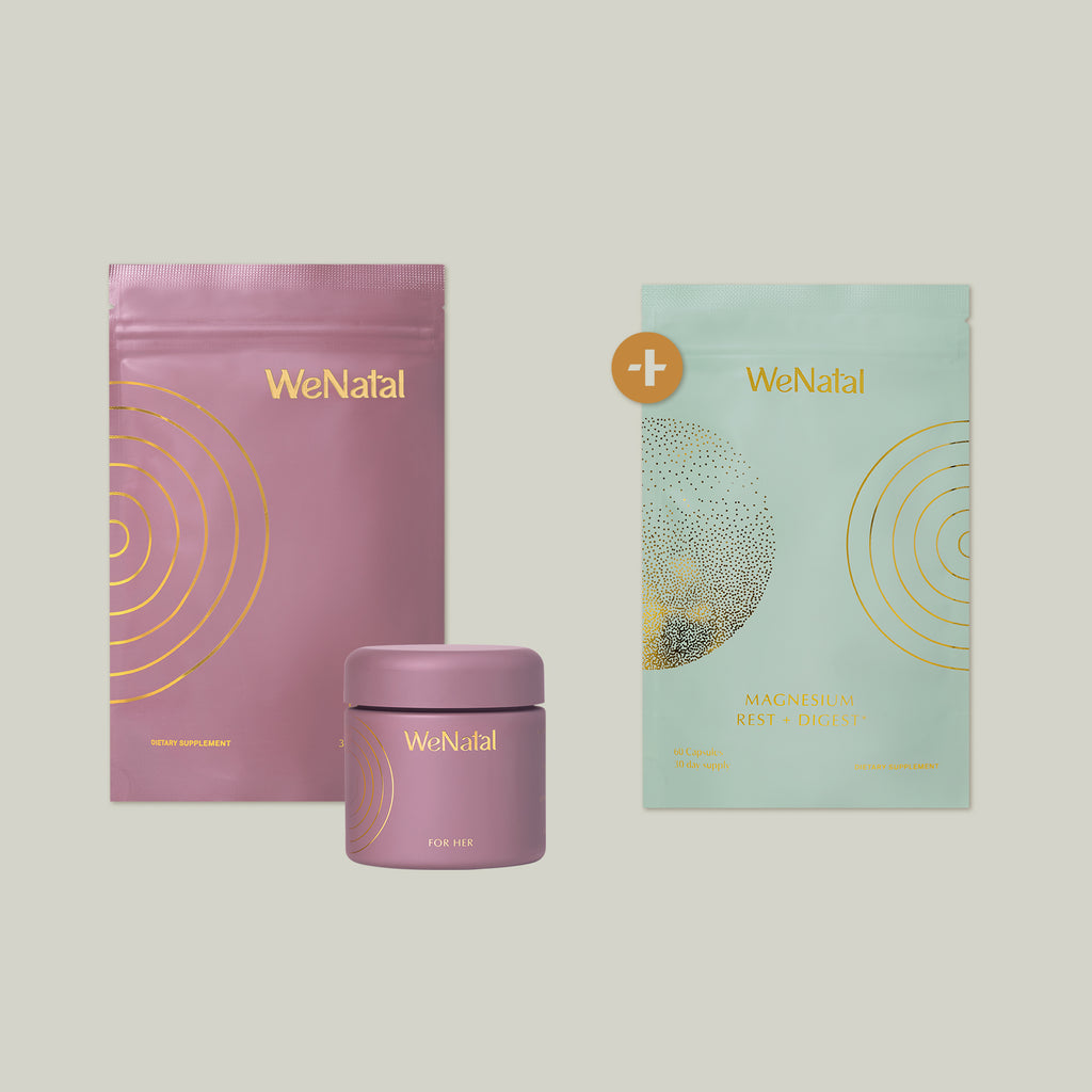 WeNatal Vitamin supplement pouch and jar for women and and Rest + Digest Magnesium