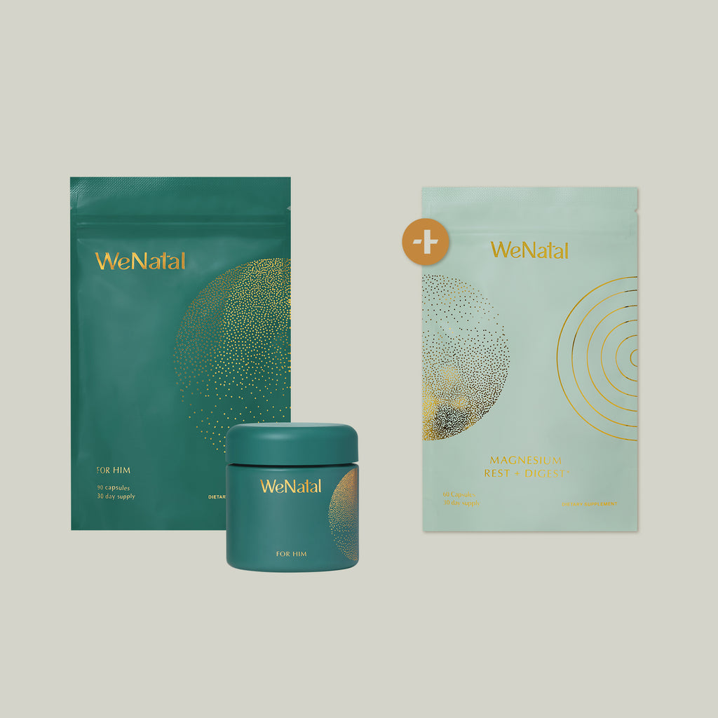WeNatal Vitamin supplement pouch and jar for men and and Rest + Digest Magnesium