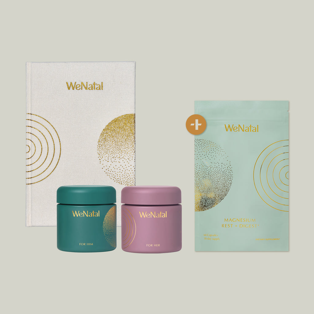 WeNatal Vitamin supplement jars for men and women, Manifestation journal and Rest + Digest Magnesium