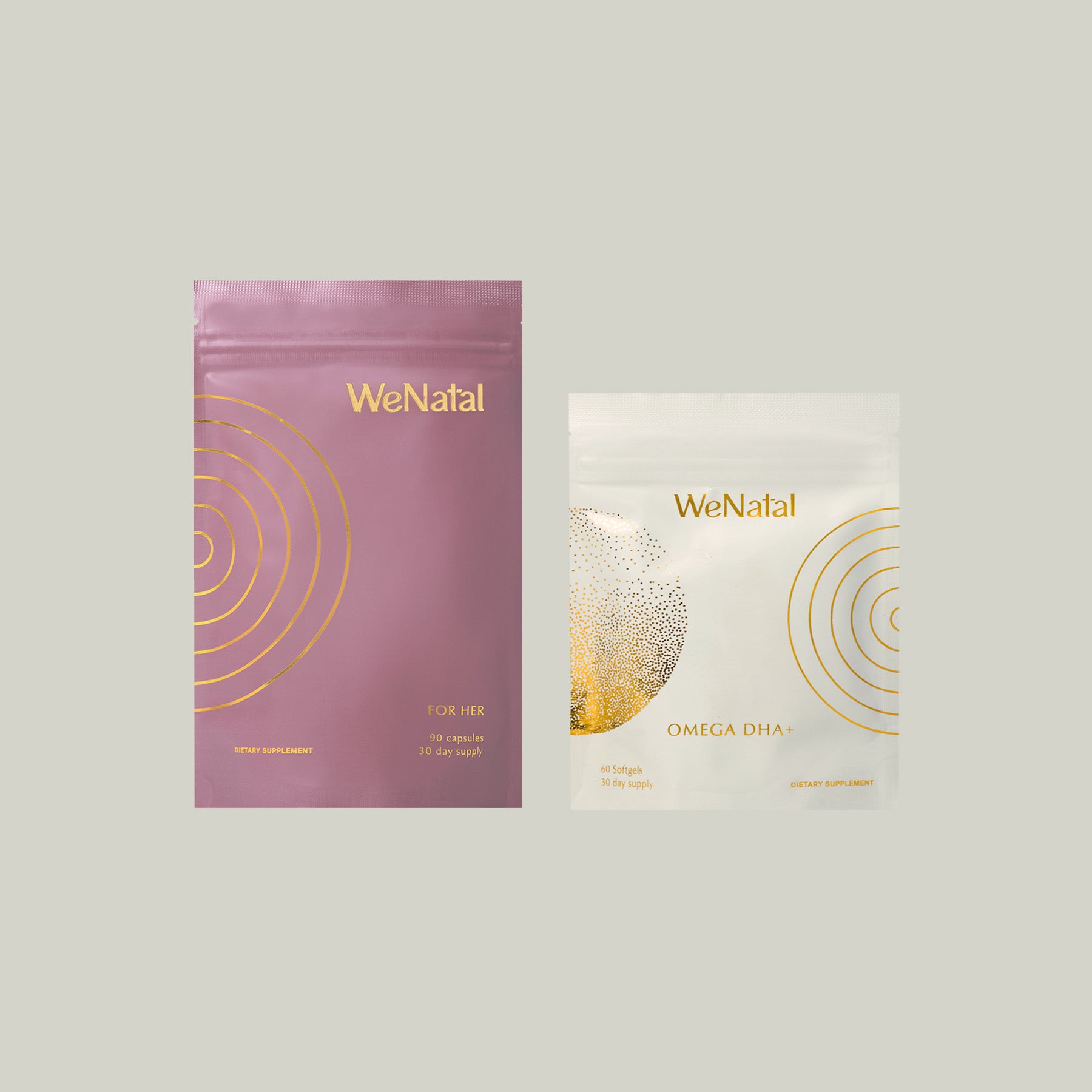 Pregnancy Power Pack (One Time) featuring a pink bag with elegant gold designs and a white package adorned with gold circles, highlighting prenatal vitamin supplements.