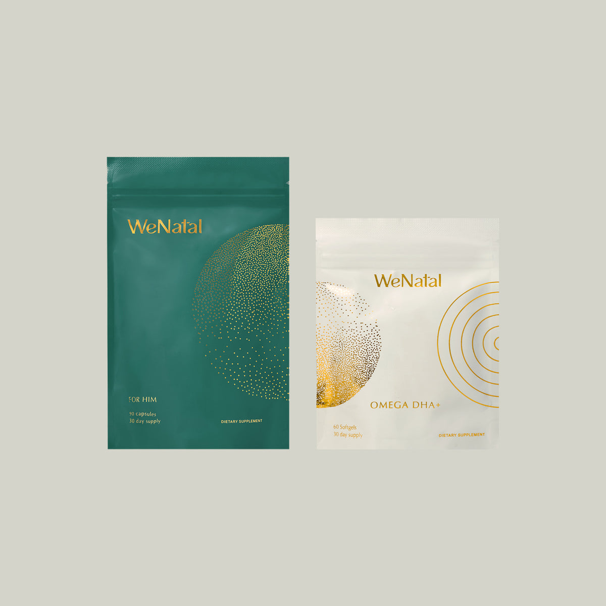 WeNatal For Him & Omega DHA + Duo supplement pouches, featuring a green and gold package design, containing 90 prenatal capsules for egg quality and overall health.