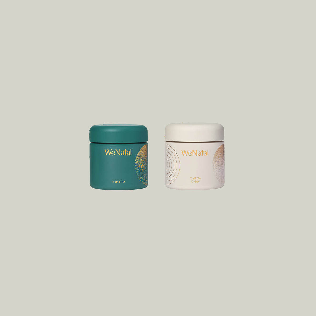 WeNatal for Him & Omega DAH+ Duo Welcome Kit, featuring multiple toiletry containers, each labeled, offering a 30-day supply of 90 capsules.