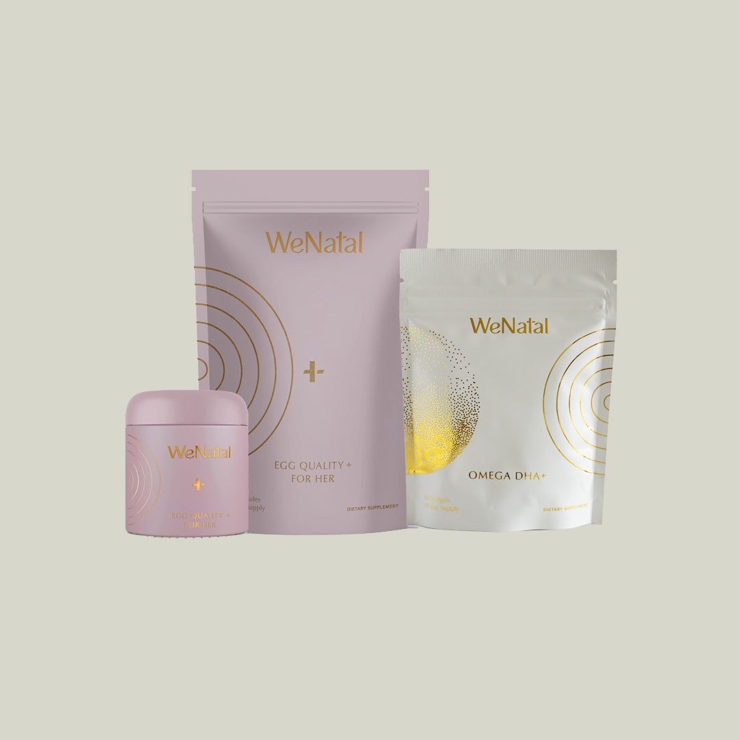 Egg Quality + For Her welcome it and Omega DHA+ refill pouch in a stock photo with a white plain background